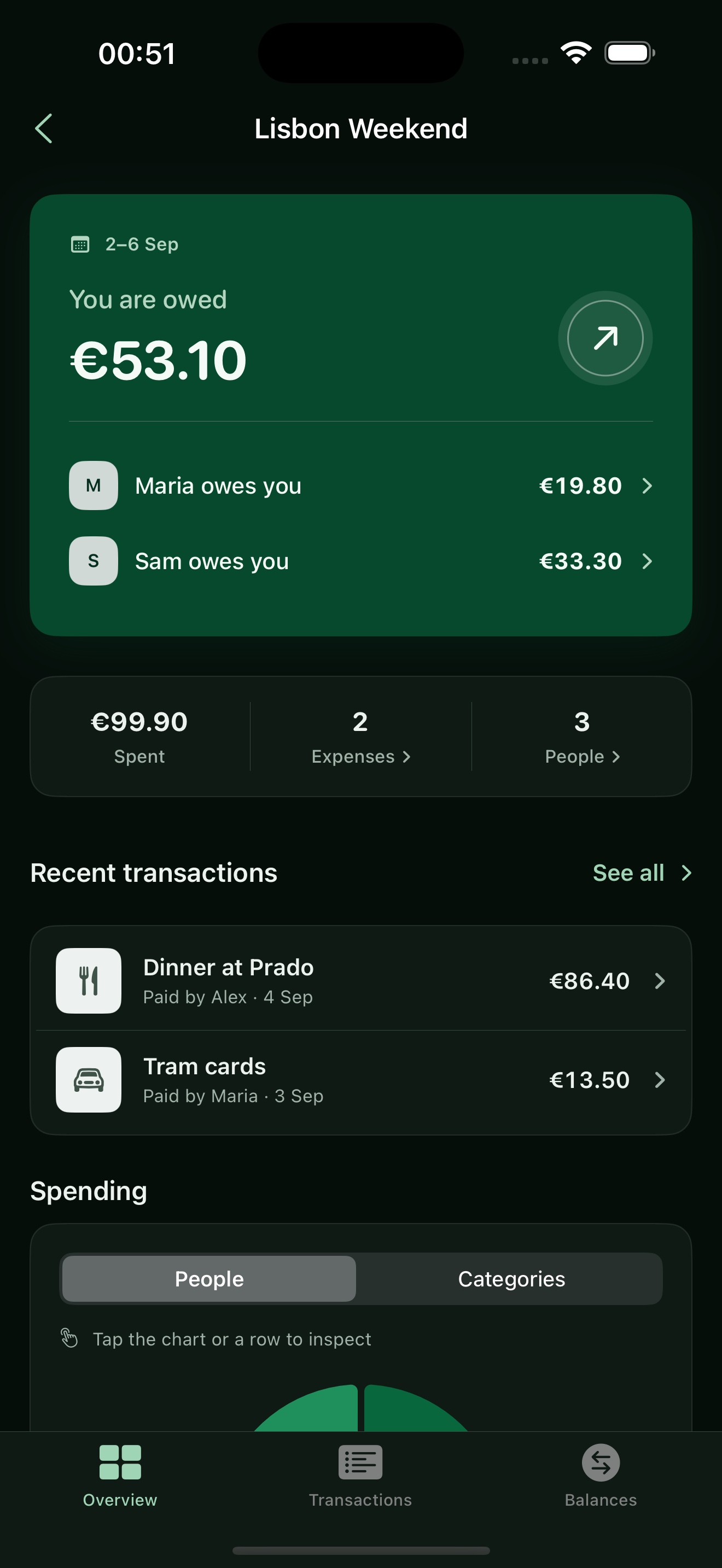RoamTab trip overview showing balances and spending charts
