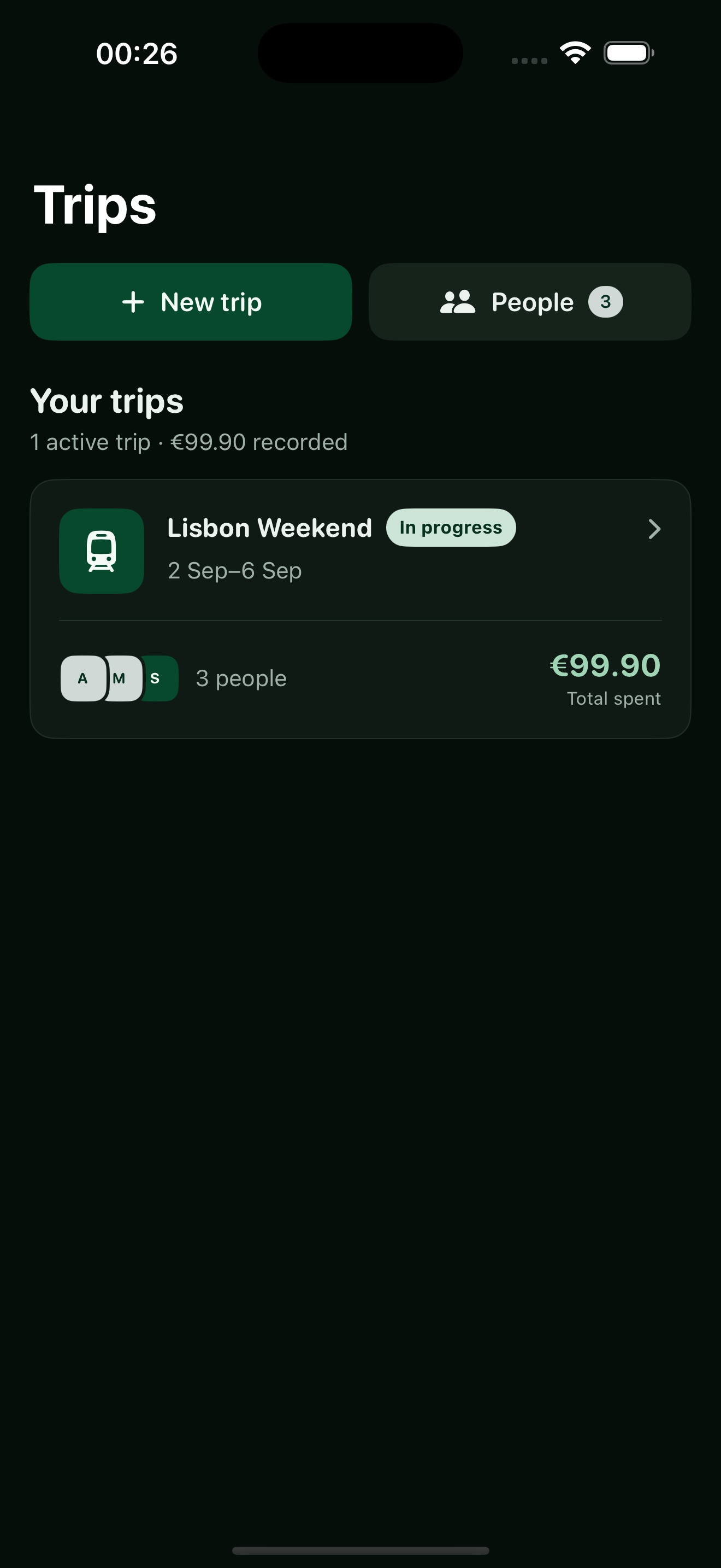 RoamTab trip list with total spending and active trip